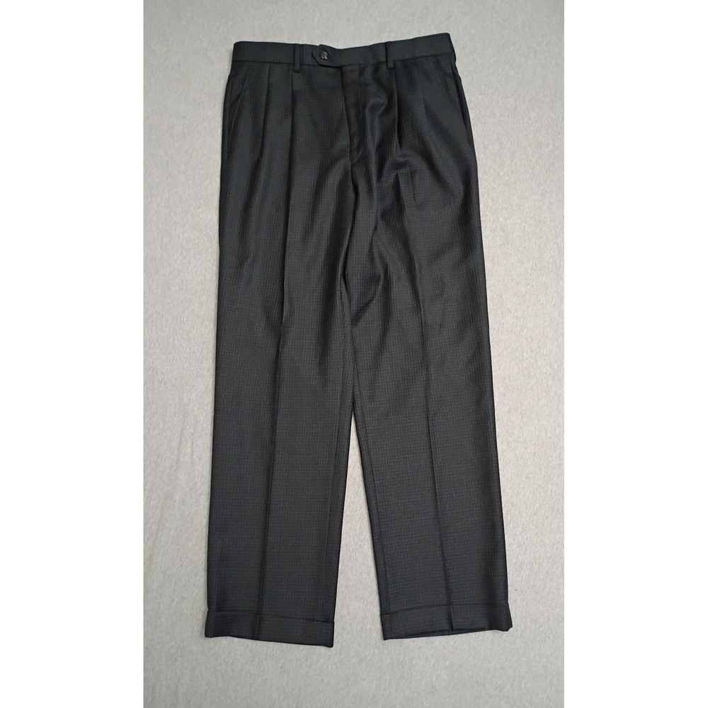 Lauren Ralph Lauren Mens 32x32 Wool Pleated Cuffed Dress Pants Gray Blue Grid